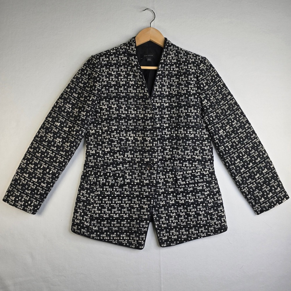 Ann Taylor Black White Tweed Single Button Blazer Jacket Size 4 Professional